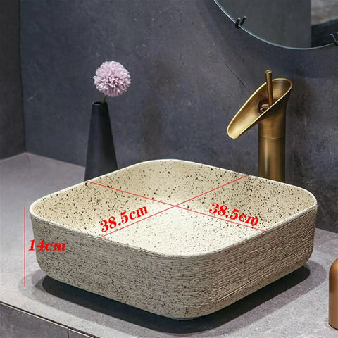 USZWBY Vintage Ceramic Bathroom Vessel Sink - Antique Carved Lines Washbasin Art Countertop Basin with Accessories - 38.5x38.5x14cm