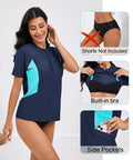 Model in Women's Half Zip Rash Guard Top With Built In Bra For Support And Convenience Side Pockets For Small Essentials Quick Dry