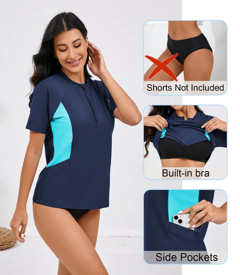Model in Women's Half Zip Rash Guard Top With Built In Bra For Support And Convenience Side Pockets For Small Essentials Quick Dry