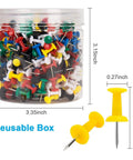 Top Shelf Bulk Push Pins For Bulletin Boards And Cork Walls in clear tub, 400 multicolor steel thumb tacks for office organization.