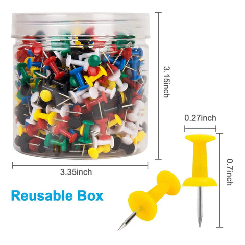 Top Shelf Bulk Push Pins For Bulletin Boards And Cork Walls in clear tub, 400 multicolor steel thumb tacks for office organization.