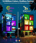 Smart RGB IC Outdoor Lights For House And Garden App And Remote Control Scene Modes IP67 Waterproof 200ft Epic Vibe Holiday Decor For Christmas Valentines Day Parties illuminating two houses in vibrant colors showcasing versatility.