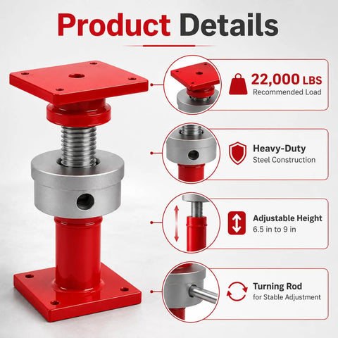 Badass Two Piece Adjustable Screw Jack Post Set For Foundation Leveling With Heavy Duty Red Brackets And Sturdy Wrenches, showing adjustable screw jack details.