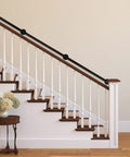 Legit Heavy Duty Galvanized Steel Pipe Stair Handrail, Wall Mounted Farmhouse Railing For Authentic Rustic Home Decor, Damn Sturdy Industrial Steps Safety Rail In Matte Black Finish on white staircase.