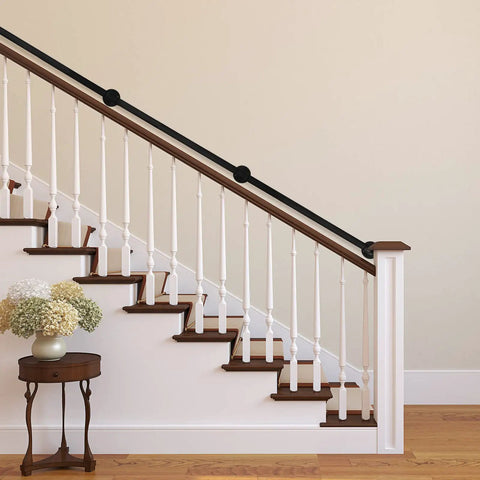 Legit Heavy Duty Galvanized Steel Pipe Stair Handrail, Wall Mounted Farmhouse Railing For Authentic Rustic Home Decor, Damn Sturdy Industrial Steps Safety Rail In Matte Black Finish on white staircase.
