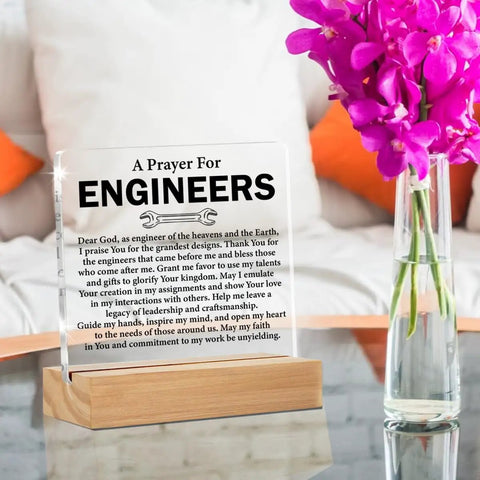 Clear Desk Sign For Engineers Gift Idea Nerdy Graduation Gift For Civil Mechanical Electrical Engineers On A Wood Stand Acrylic Home Office Desk Decor with engraved prayer on a wood base