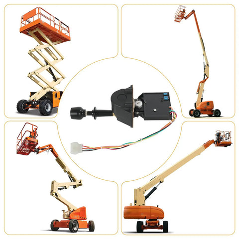 Top Shelf Joystick Controller 1600094 Replacement For JLG Boom Lifts with wiring harness and various boom lift angles.