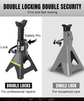 Beefy 3 Ton Double Locking Steel Jack Stands Set 2 Pack Black Heavy Duty Vehicle Lifting Supports After Jacks With 11.25 To 16.75 Inch Rise Range Ideal For DIY Auto Repairs, showing double lock mechanism with safety pin.