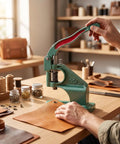Person using Top Notch Manual Arbor Press Machine With Heavy Duty Cast Iron Base And Industrial Steel Hardware Smooth Spring Return Rivet Tool on leather.