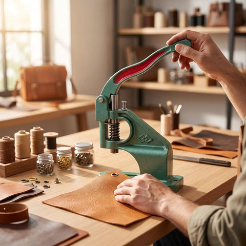 Person using Top Notch Manual Arbor Press Machine With Heavy Duty Cast Iron Base And Industrial Steel Hardware Smooth Spring Return Rivet Tool on leather.
