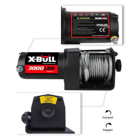 12V 3000Lbs Steel Wire Winch For ATV UTV Off Road Towing with clear view of motor and steel cable