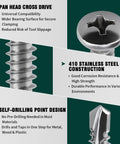 Rock Solid Size Twelve X Three Quarter Pan Head Self Drilling Screws Cut From Heavy Duty Stainless Steel With Phillips Drive showing features and details.