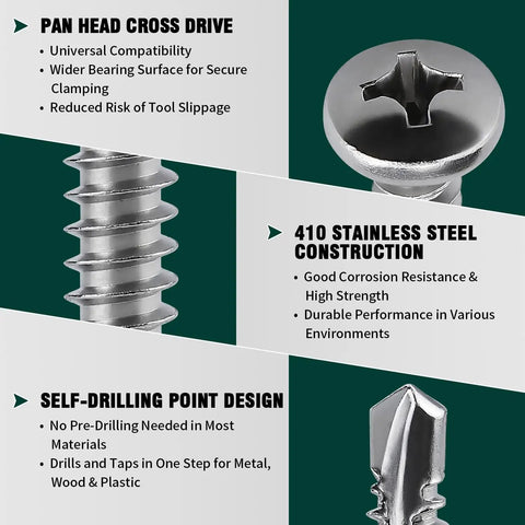 Rock Solid Size Twelve X Three Quarter Pan Head Self Drilling Screws Cut From Heavy Duty Stainless Steel With Phillips Drive showing features and details.