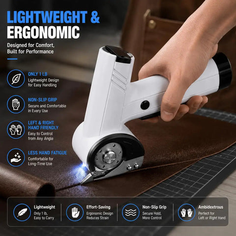 Hand holding the Built Tough Cordless Electric Cutter With 4V Motor And 3000mAh Battery, Rotary Shears cutting through brown leather.