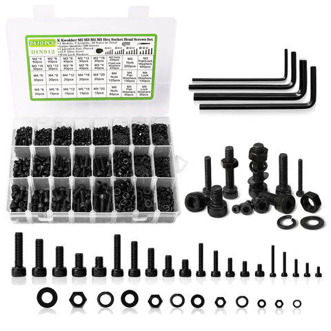 Hella Tough M2 M3 M4 M5 Hex Socket Metric Bolt And Nut Assortment Kit Supplies 2410 collection of black stainless steel fasteners and tools.