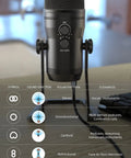 Close-up of USB Studio Recording Microphone with Four Pickup Patterns Cardioid Omnidirectional Bidirectional Stereo Mute Button and Headphone Jack for PC PS4 Mac Plug and Play Broadcast Quality Mic