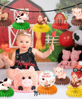 Child surrounded by 9 Piece Farm Honeycomb Centerpieces Set For Birthday Parties Farm Animal Theme Table Decor And Party Favors Gifts