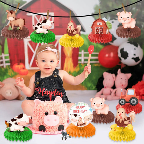 Child surrounded by 9 Piece Farm Honeycomb Centerpieces Set For Birthday Parties Farm Animal Theme Table Decor And Party Favors Gifts
