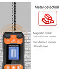 Ace Multifunction Stud Finder And Wall Scanner With Integrated Laser Rangefinder, Spot On Copper Pipe And Wire Detection, Crisp Backlit Screen showing metal detection features.