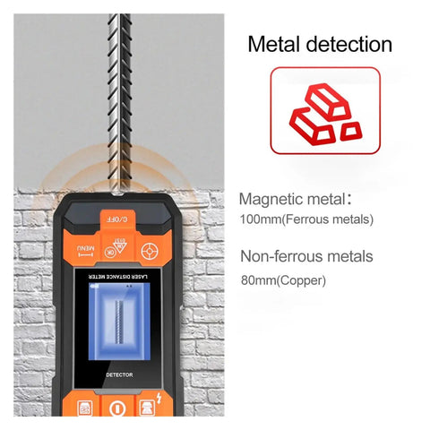 Ace Multifunction Stud Finder And Wall Scanner With Integrated Laser Rangefinder, Spot On Copper Pipe And Wire Detection, Crisp Backlit Screen showing metal detection features.