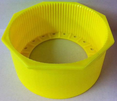 Yellow hex cylinder tank boot for scuba tanks, fits aluminum 80 cf, durable tough plastic, secure grip, easy on/off.