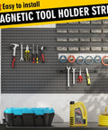 Double Sided Magnetic Tool Holder 12 Inch Magnetic Tool Bar Heavy Duty Wall Mount Strip with wrenches and pliers in garage