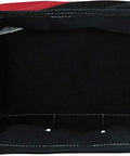 Open interior of 12 Inch Contractor Multi Purpose Water Resistant Tool Bag with reinforced Bartec stitching, three external pockets.