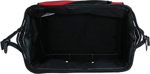 Open interior of 12 Inch Contractor Multi Purpose Water Resistant Tool Bag with reinforced Bartec stitching, three external pockets.