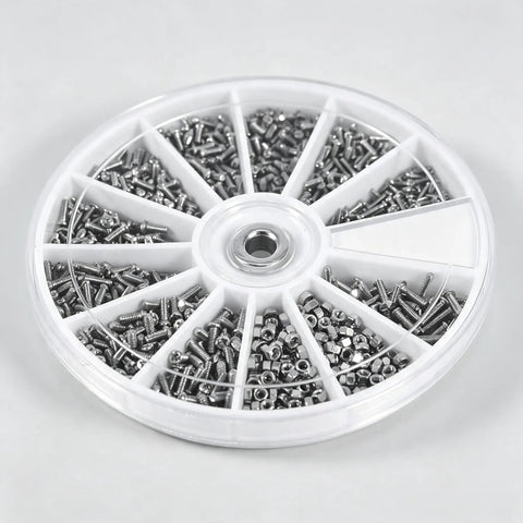 Rock Solid Bundle Of Six Hundred Micro Screws In Twelve Common Sizes For Quick Fixes On Watches Glasses Jewelry Tiny Tech And Home Gear Stored Inside A Super Neat Clear Storage Case in a divided storage wheel.