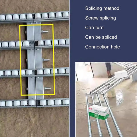 Close-up of the splicing method for Light Duty Skate Wheel Conveyor Rail With Abs Roller Flow Rack and Spliceable Stainless Steel Frame.