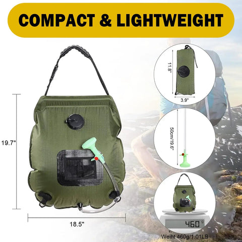 Solar Shower Bag 5 Gal 20L For Camping And Beach Trips, Heats Water To 113 Fahrenheit In 3 Hours With Direct Sun, Portable