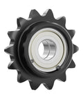 12 Tooth Roller Chain Sprocket For ISO 06B, 40mm OD, 8mm Bore, Three Eighth Inch Pitch Idler With Single Bearing, Heavy Duty Black Oxide Finish