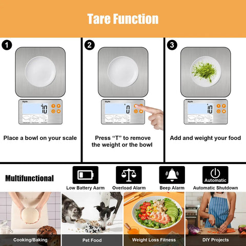 Pro Grade 33 Lb Digital Kitchen Scale With Split Display And Backlit LCD showing tare function and multifunctional uses