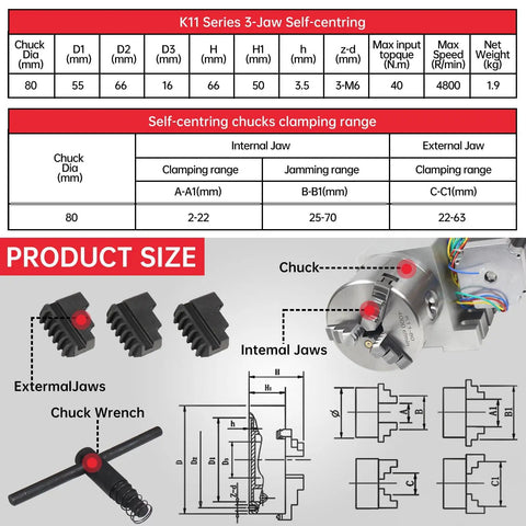 CNC Rotary Axis 4th Axis With 3 Jaw Chuck Hollow Shaft Dividing Head A Axis 65mm Tailstock 6 To 1 Reduction For CNC Router Engraving Milling Lathe Machine Pro Grade Heavy Duty