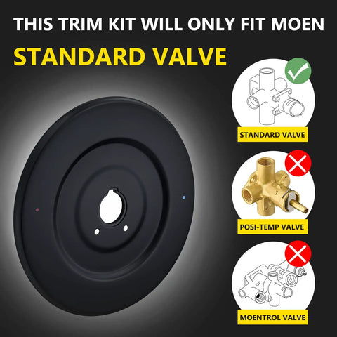Chateau One-Handle Tub and Shower Escutcheon Replacement in Sleek Matte Black Finish next to valve compatibility diagram.