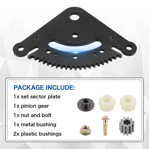 Premium Grade 19 Tooth Steering Sector Gear Kit For Lawn Tractors And Riding Mowers Heavy Duty Pinion Replacement set including sector plate, pinion gear, and fasteners.