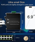 Rugged 10 Port Gigabit PoE Switch with dimensions and compact size comparison, 8 PoE Plus ports, DIN rail mount, for IP cameras and network devices.