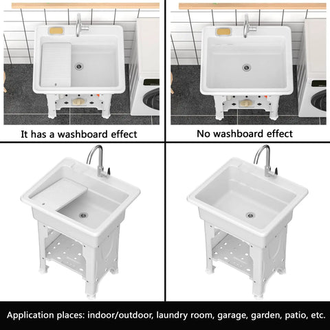 Freestanding Plastic Laundry Sink With Detachable Washboard For Indoor And Outdoor Use 25.4 Inch Wide By 22 Inch Deep By 31.5 Inch Tall Utility Sink With Cold And Hot Water Faucet Hoses And Drain Kit For Laundry Room Garage Basement Garden
