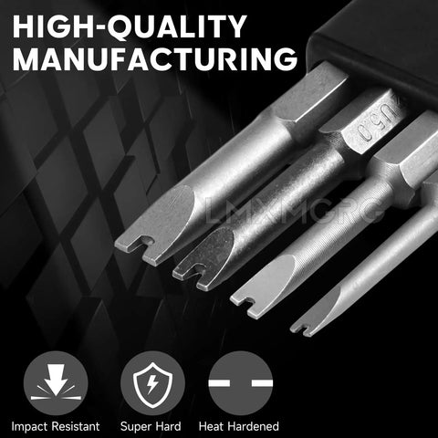 Kickass Four Piece Spanner Bit Set With Two Inch Shank Security Screwdriver Bits In SP3 SP4 SP5 SP6 Sizes Made From Top Shelf S2 Steel showing bit tips.