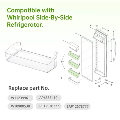 Diagram of Upgraded Door Shelf Bin Replacement For Fridge Exact Fit W11239961 with compatibility for Whirlpool models.