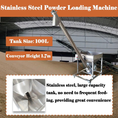 Rock Solid Automatic Screw Conveyor Feeder Machine With Food Grade Stainless Steel Auger, 3 Cubic Meter Hour Output, Plug And Play 110V Motor For Easy Granule Transfer In Food Processing Agriculture Or Heavy Mining Projects positioned with a stainless steel tank and 1.7m conveyor.