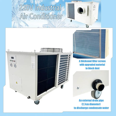 Heavy Duty Portable Industrial Air Conditioner Cranking Out An Insane 61000 Btu H Cooling Rush On 220V 3 Phase Power, showing filter and drain pipe.