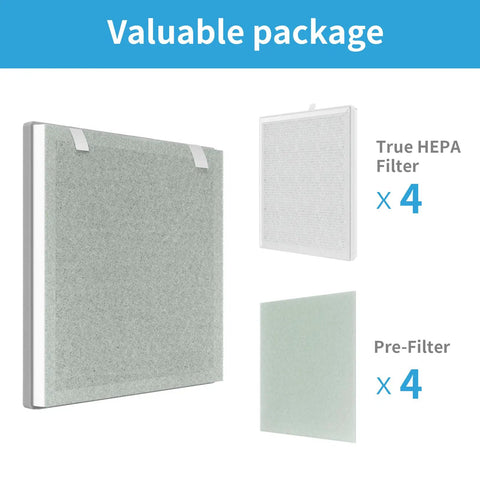 Vital 100 Replacement Filter Kit For LEVOIT Vital 100 And VAVA VA-EE004 Air Purifiers showing four 3-in-1 filters and four pre-filters.