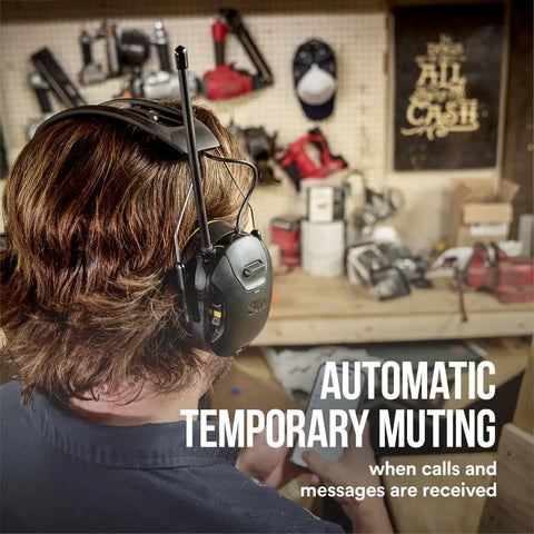 Man wearing WorkTunes Connect Wireless Hearing Protector With Bluetooth Technology And AM FM Radio 26 Decibels NRR