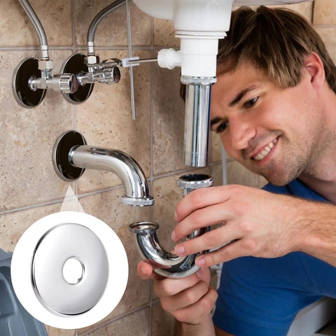 Top Shelf 2 Pack Large Shower Arm Flange Wall Cover With Solid 315 Inch Width Snugs Over Standard Half Inch Pipes Perfectly, man installing chrome plumbing.