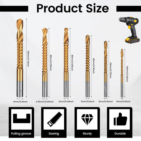 Badass Titanium Drill Bit Set Featuring Serrated Side Cutting Blades Six Piece Kit Spanning Three To Eight Millimeters showing sizes and durable design.