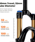 Close-up of MTB Air Suspension Fork With 120mm Travel, 32mm Stanchions, black fork with gold stanchions highlighting specifications