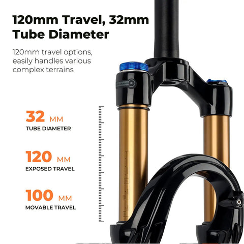 Close-up of MTB Air Suspension Fork With 120mm Travel, 32mm Stanchions, black fork with gold stanchions highlighting specifications