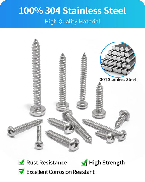 Stainless Steel Wood Screws Assortment Kit With 600 Piece Set Featuring 18 Sizes From Three Eighths Inch To Two Inches Phillips Pan Head Self Tapping Screws For Woodworking And Home DIY Projects Silver Finish, 304 stainless steel screws