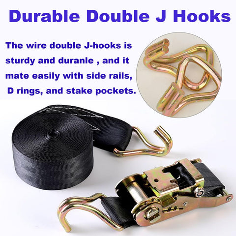 Heavy Duty Ratchet Straps 8000 Lbs Break Strength 2 Inch By 32 Feet Tie Down Straps With Beefy Double J Hooks For Truck Cargo Black